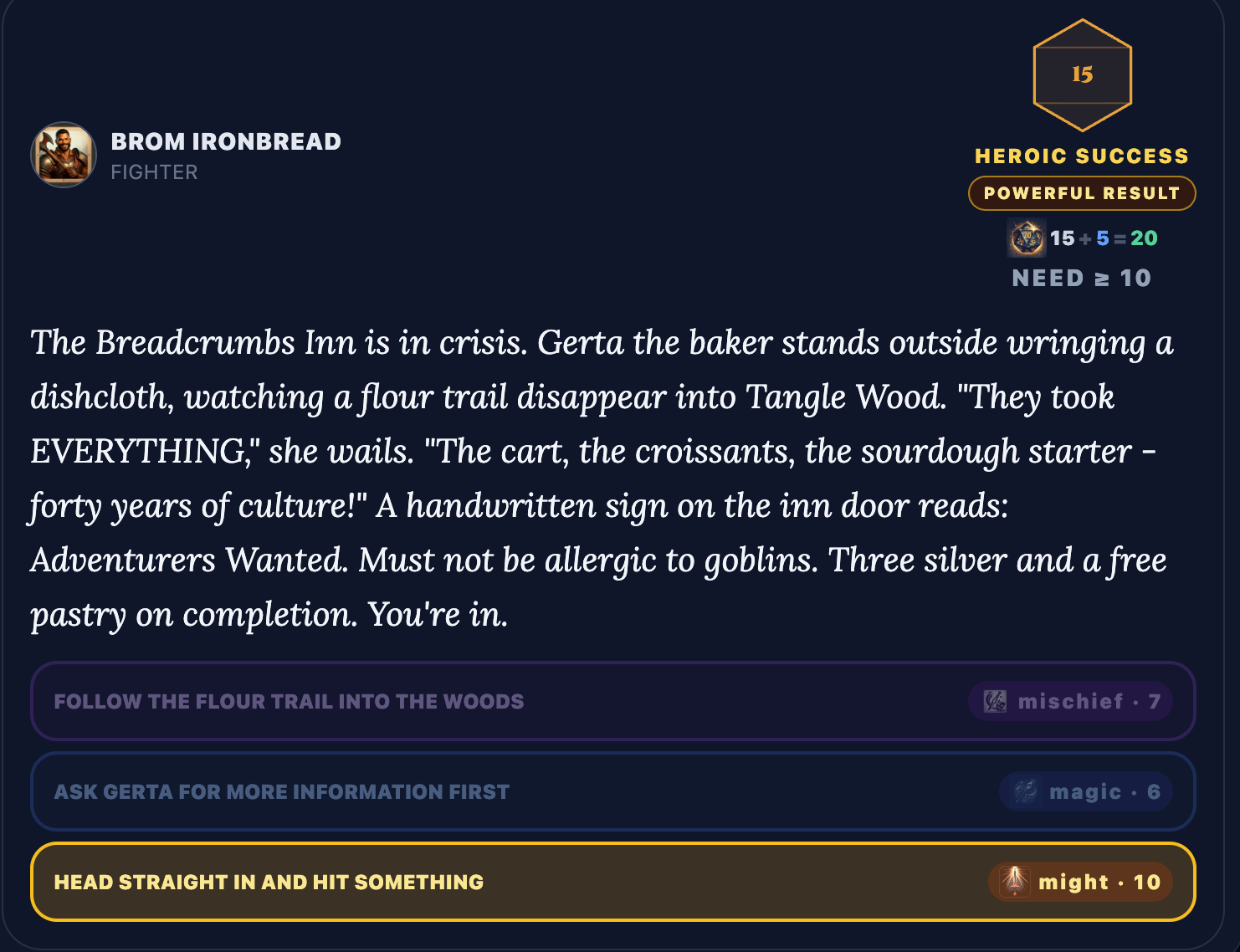 A turn in action: narration, dice result, and three choices