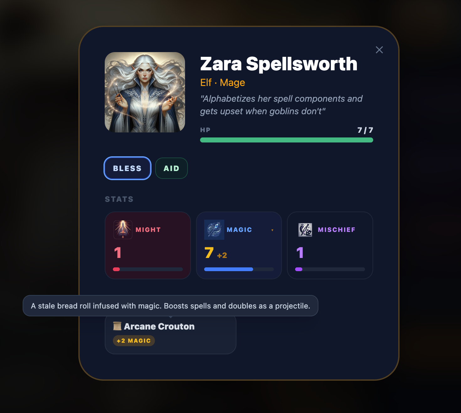 Zara Spellsworth, Elf Mage, owner of the Arcane Crouton