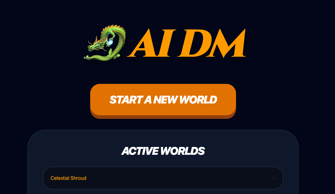 Home screen: pick your world or start a new one