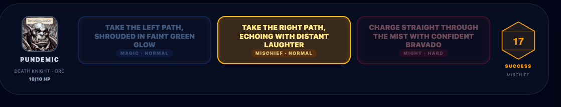 Action choices and the d20 result